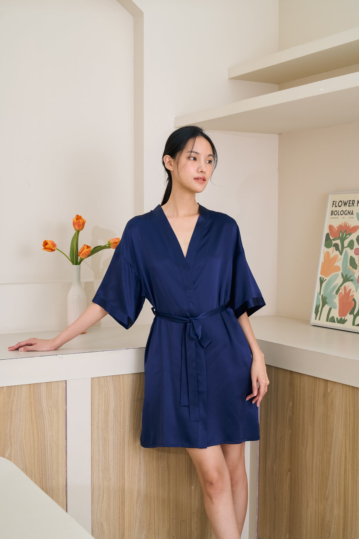 silk dressing gown navy with model