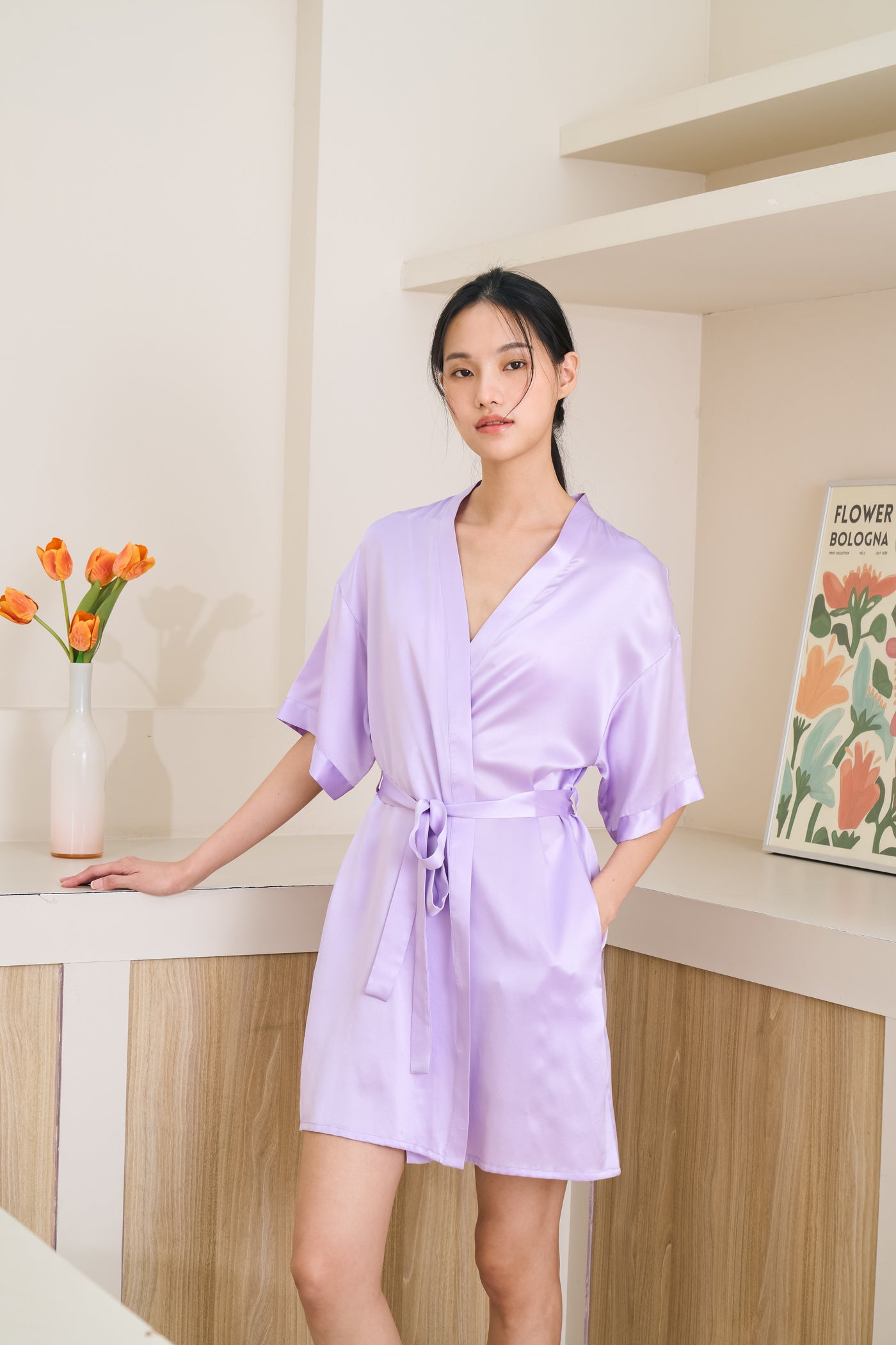 silk dressing gown purple with asian model