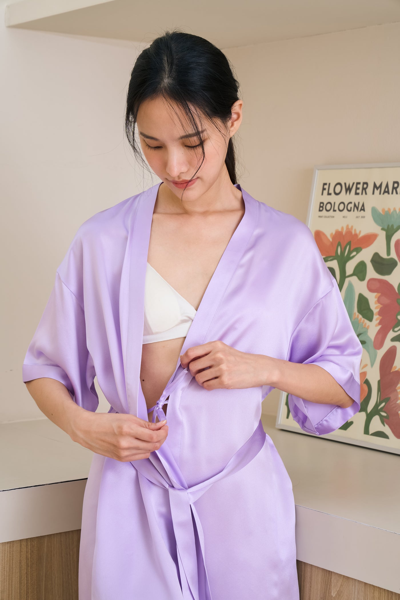 silk dressing gown purple with model