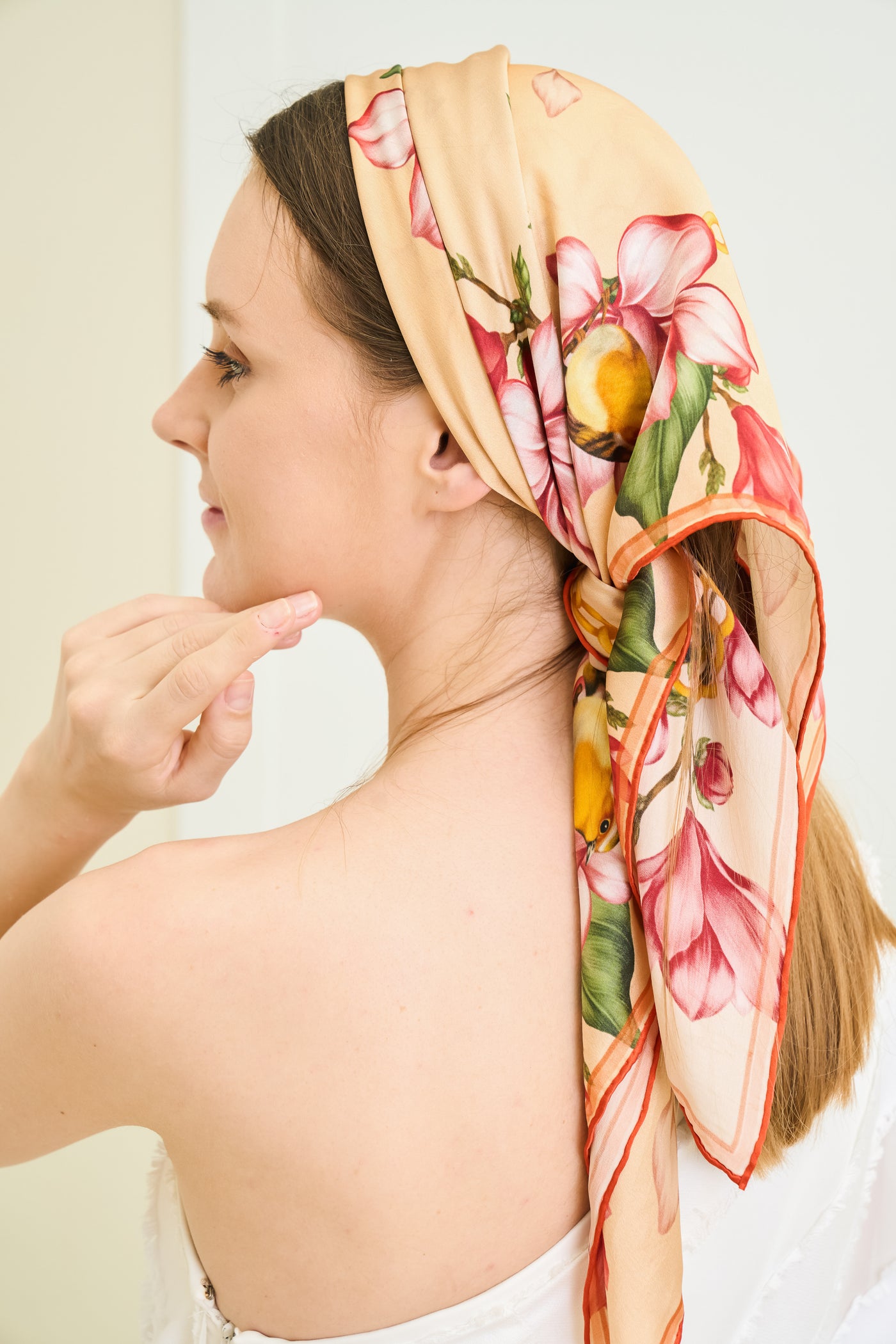 closeup of intricate flower design on silk scarf