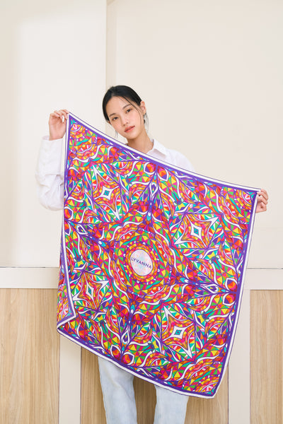 geometric artwork on scarf with red and blue aspects