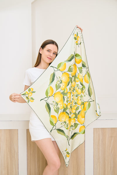 Lemonade yellow lemons silk scarf  with model