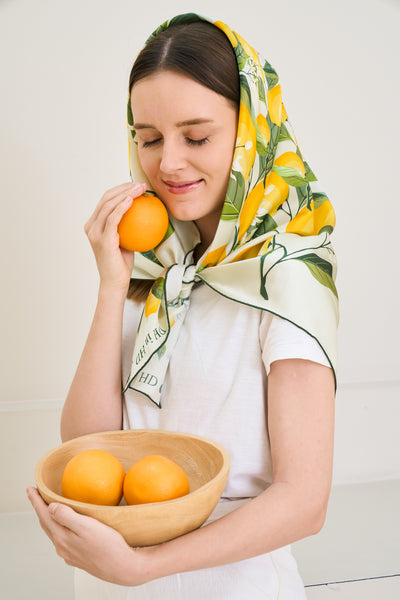 Lemonade yellow lemons silk scarf  with model 
