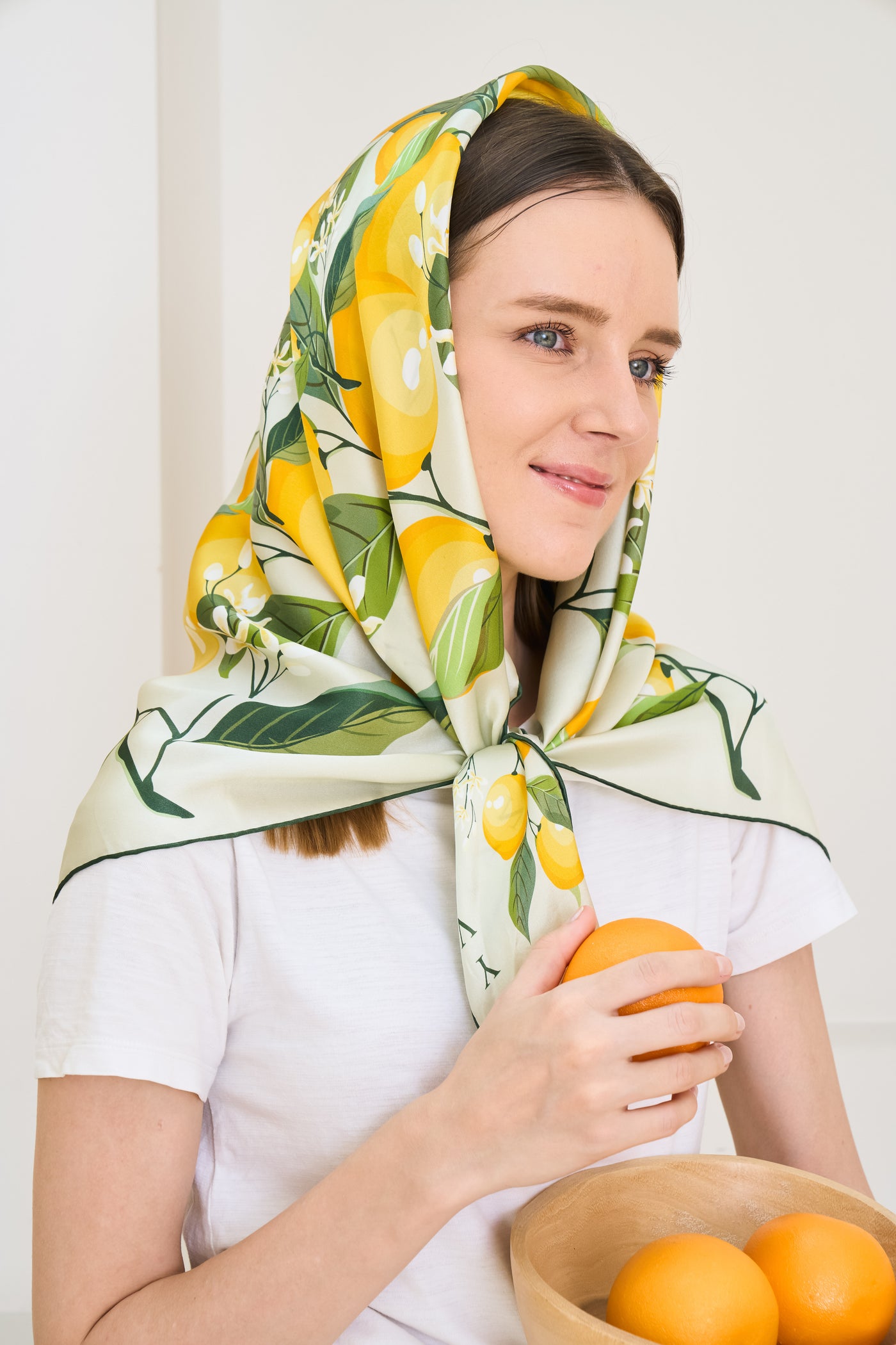 Lemonade yellow lemons silk scarf  with model