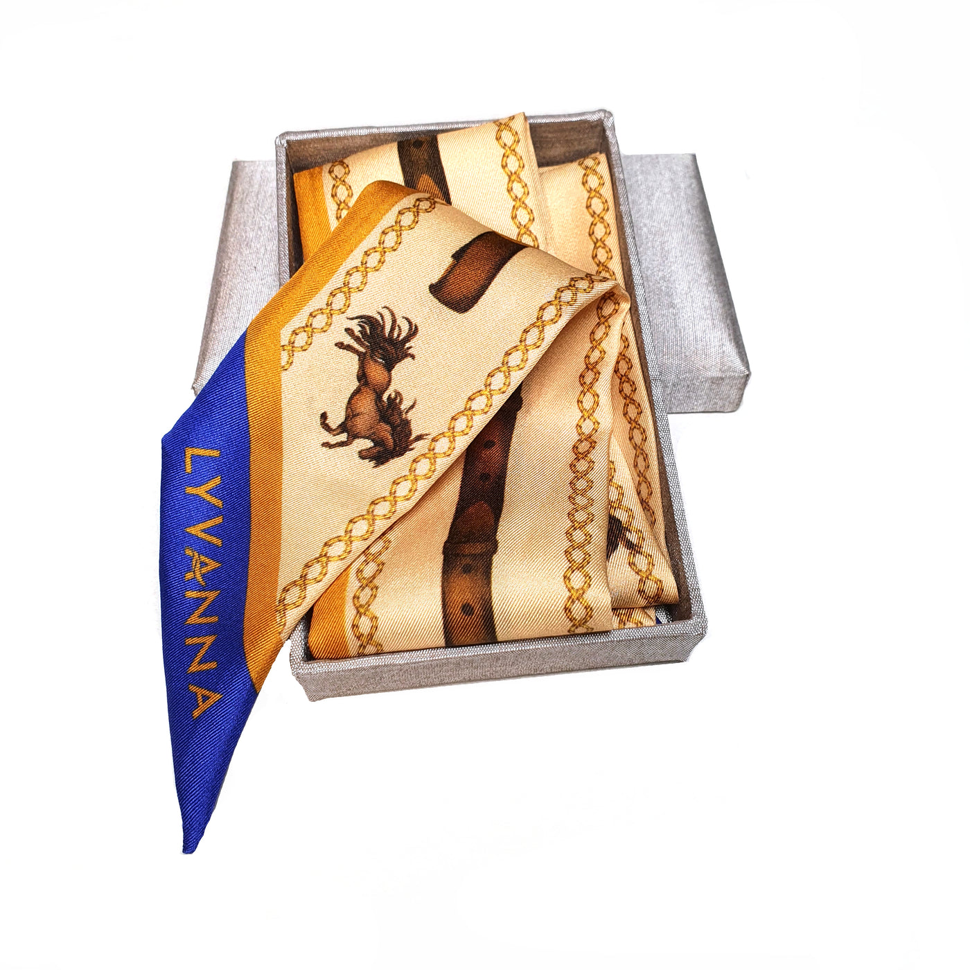 Twilly scarf with horses and belt on gold